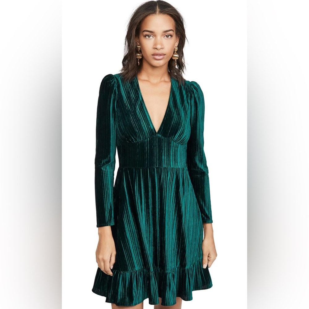 Shoshanna Laine V-Neck Long-Sleeve Pleated Velvet Dress Green Size 12 NWT